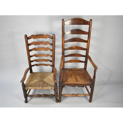 528 - A 19th Century Ash High Ladder Back Armchair together with a Rush Seated 19th Century Ladder Back Ar... 