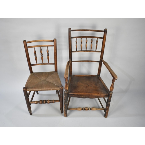 531 - A 19th Century Spindle Back Elm Seated Ash Framed Armchair together with a Rush Seated Spindle Back ... 