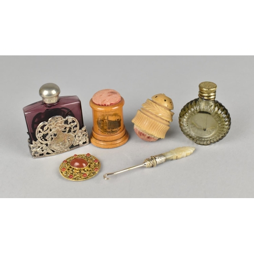 56 - A Collection of Curios to include Mauchline Pin Cushion, Silver Plate Mounted Aubergine Glass Scent ... 