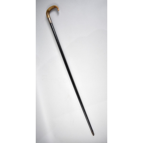 63 - A Horn Handled Walking Stick with Engraved White Metal Collar