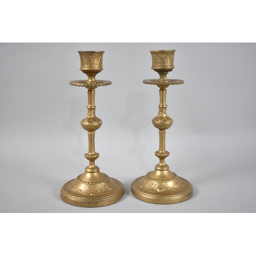 68 - A Pair of Gilt Sprayed Spelter French Style Candlesticks, 21cms High