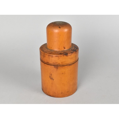 69 - A Circular Treen Case with Screw Off Top Containing Glass Bottle with Stopper, 14cms High