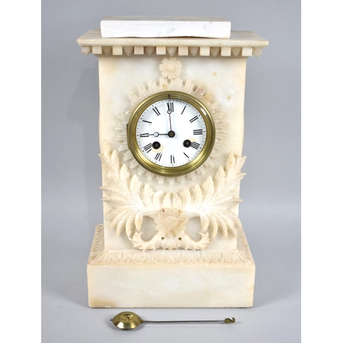 73 - A Victorian Carved Alabaster Mantel Clock, Condition issues but with Pendulum, Architectural Form, 3... 