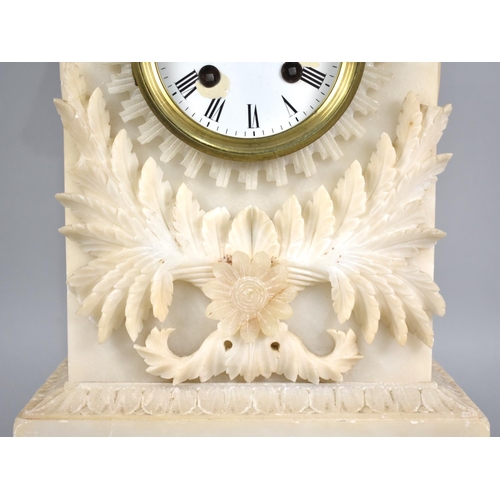 73 - A Victorian Carved Alabaster Mantel Clock, Condition issues but with Pendulum, Architectural Form, 3... 