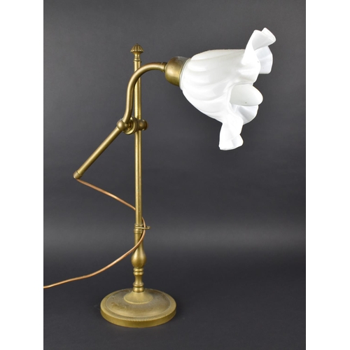 74 - A Brass Rise and Fall Desk Lamp in the Vintage Style with Opaque Glass Shade with Wavy Rim, 50.5cms ... 