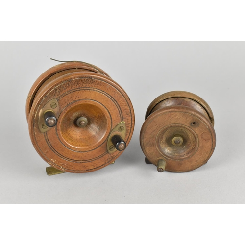 78 - Two Vintage Brass Mounted Wooden Fly Fishing Reels, 9cms and 6.5cms Diameter