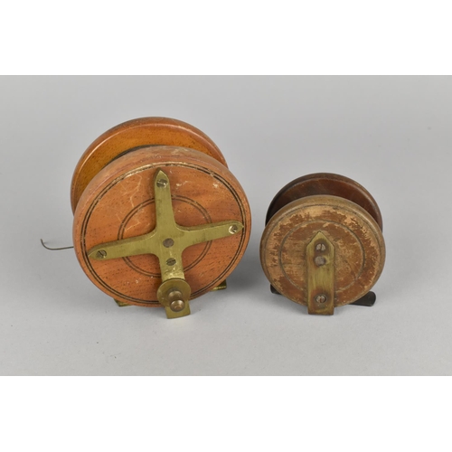 78 - Two Vintage Brass Mounted Wooden Fly Fishing Reels, 9cms and 6.5cms Diameter