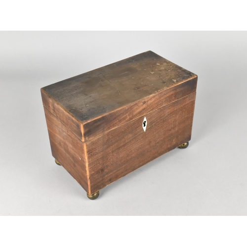 86 - A Small 19th Century Mahogany Rectangular Tea Caddy for Restoration with Brass Ball Feet, 20cms Wide