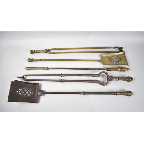 94 - Two Pairs of 19th Century Steel and Brass Long Handled Fire Irons and a Single Poker, 67cms Long