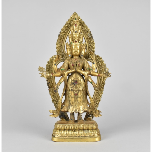 66 - A Gilt Bronze Study of Many Faced, Many Armed God on Lotus Throne, Jewelled Mounts, 28cms High