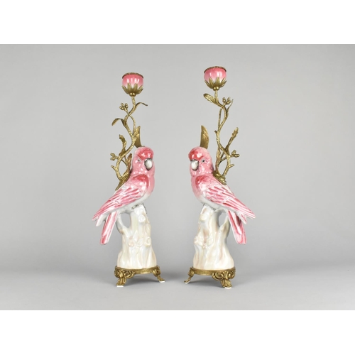 126 - A Pair of Reproduction French Style Porcelain and Ormolu Candlesticks in the Form of Cockatiels, 42.... 