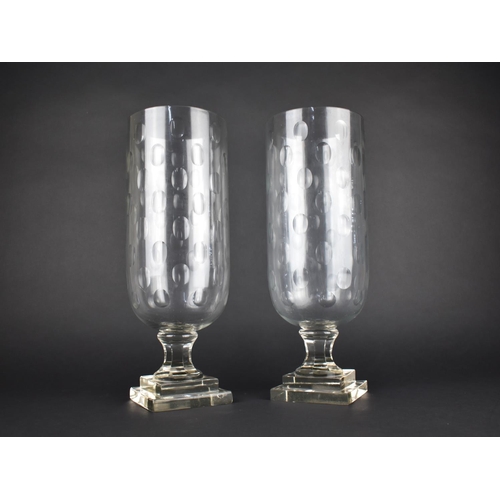 165 - A Pair of Tall Hurricane Glass Vases with Instruction Leaflet and Thumb Cut Decoration, 39.5cms High