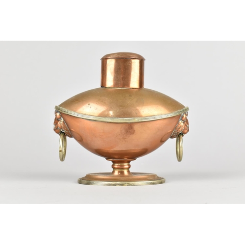 11 - A Small Adam Style Copper Tea Caddy with Lion Mask Ring Handles and Plated Oval Base, 11cms Wide and... 