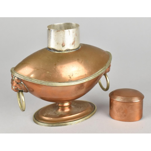 11 - A Small Adam Style Copper Tea Caddy with Lion Mask Ring Handles and Plated Oval Base, 11cms Wide and... 