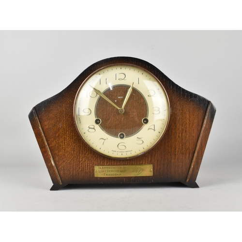 123 - A Mid 20th Century Oak Westminster Chime Mantel Clock by Smiths, Presentation Plaque Inscribed 