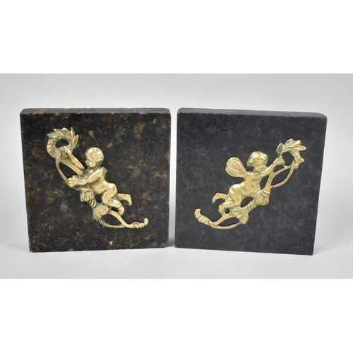 144 - A Pair of French Ormolu Mounted Square Marble Paperweights Decorated with Cherubs, 10cms Square