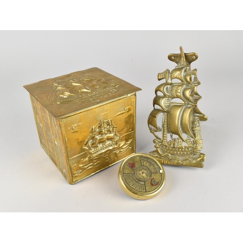 155 - A Vintage Brass Door Knocker in the Form of The Revenge Tall Ship, A Reproduction 50 Year Calendar a... 