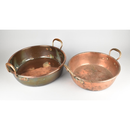 156 - Two Late 19th/Early 20th Century Circular Copper Two Handled Pans, 38cms and 32cms Diameter