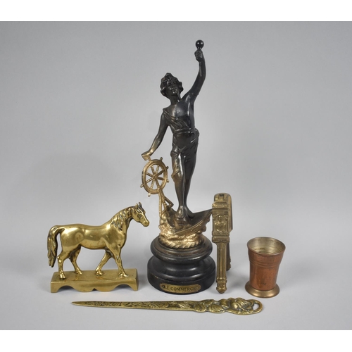 163 - A French Bronzed Spelter Figure 'Le Commerce' together with a Brass Letter Opener, Horse Ornament, S... 