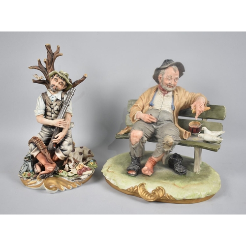 181 - Two Capodimonte Figures, Sleeping Huntsman and Gent Feeding Birds