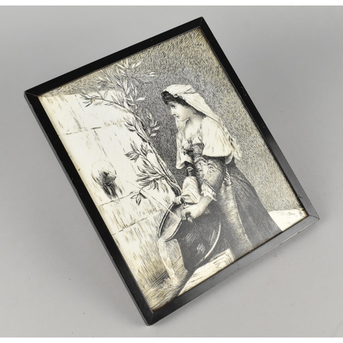 195 - A Framed Plaque Depicting Girl Collecting Water, 18x23cms