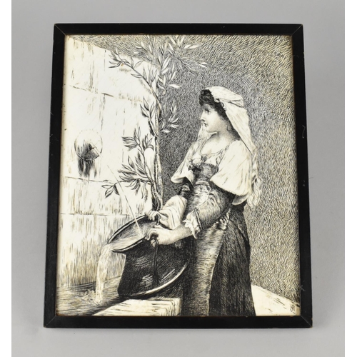 195 - A Framed Plaque Depicting Girl Collecting Water, 18x23cms