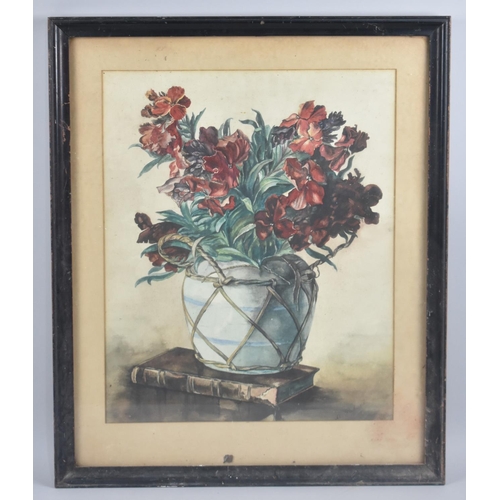 197 - A Framed Still Life, Flowers in Vase Upon Book, Signed U Palmer, 37x46cms