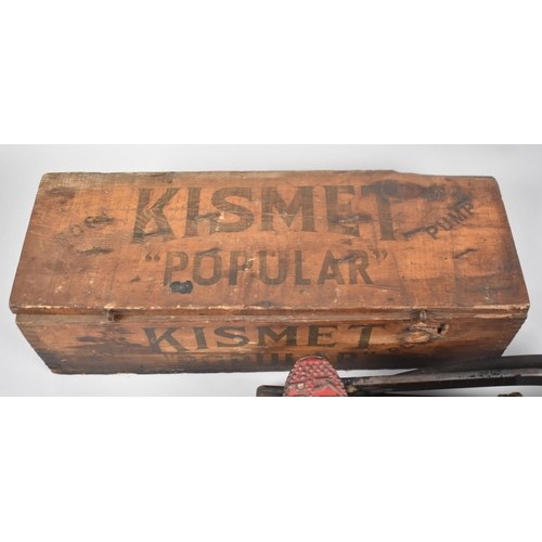 2 - A Vintage Kismet Foot Pump in Original Stencilled Wooden Box, 39cms Wide