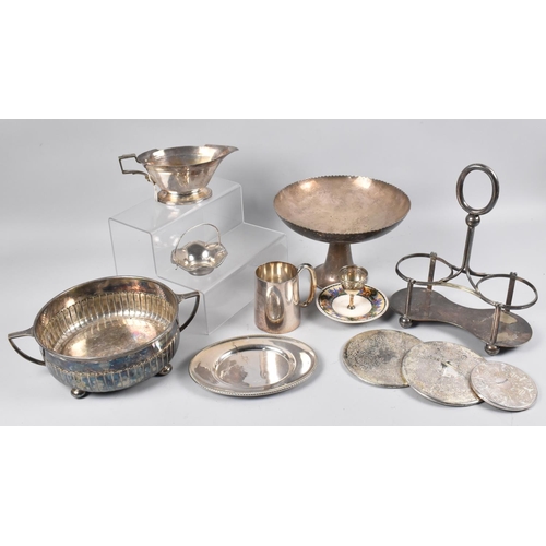 228 - A Collection of Various Silver Plate to include Two Bottle Tantalus Stand, Gravy Boat, Coasters Etc