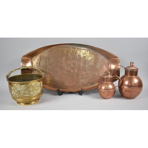 244 - Two Graduated Copper Guernsey Jugs, Copper Oval Tray and Brass Planter with Dragon Decoration