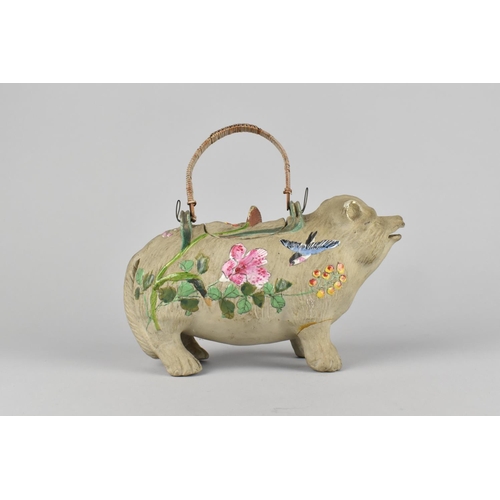 267 - A Japanese Banko Teapot in the Form of a Wolf with Applied Enamel Decoration with Wicker Handle, 20c... 