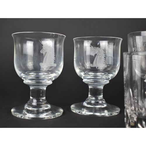 305 - A Collection of Engraved Glass to Comprise Pair of Goblets with Unicorn Crest Signed Betty Cameron, ... 