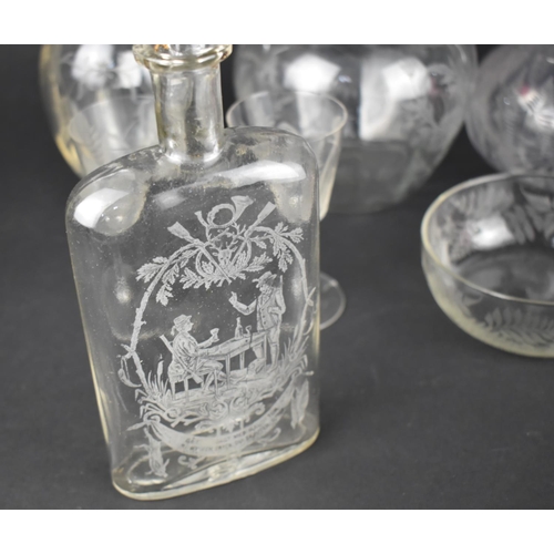 306 - A Collection of Various Late 19th and 20th Century Glass to Comprise Etched Jug, Decanters, Flask, C... 