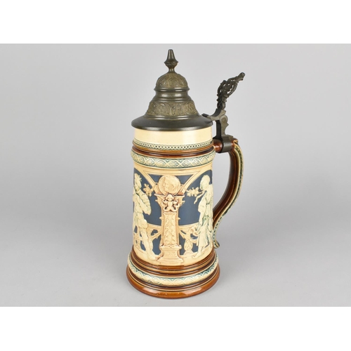 353 - A Mettlach Stoneware Pewter Mounted Stein, 26cm high