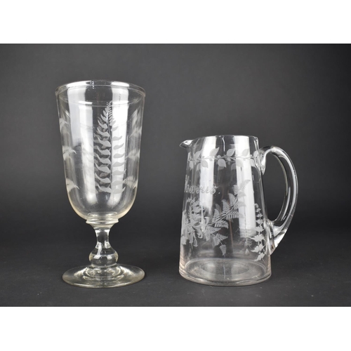 363 - A 19th Century Fern Etched Celery Jar, 21cm high Together with a Jug Etched with Floral Garland, Fer... 