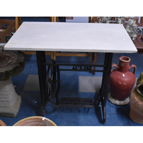 407 - A Marble Table Formed From Cast Iron Treadle Base and Reconstituted Stone Top, 84.5x74.5cm high