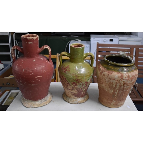 408 - Two Glazed Terracotta Water Carriers with Twin Lug Handles Together with a Jar, Tallest 45cm high (V... 