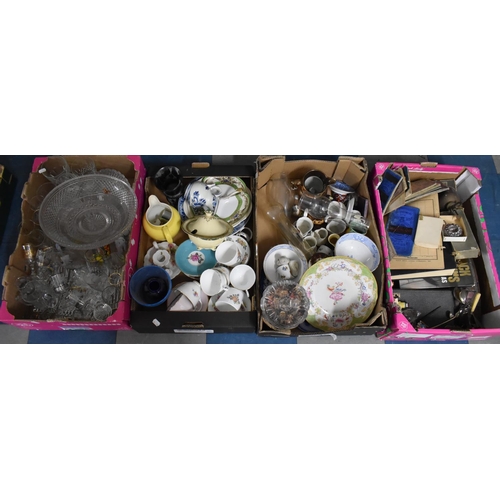 436 - Four Boxes Containing Glasswares, Ceramics, Cutlery, Road Maps, Taste Vin Etc