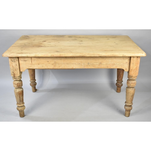 479 - A Late 19th Century Pine Scrub Top Scullery Table on Turned Supports with Single Drawer, 138cms by 8... 