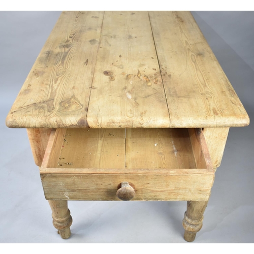 479 - A Late 19th Century Pine Scrub Top Scullery Table on Turned Supports with Single Drawer, 138cms by 8... 