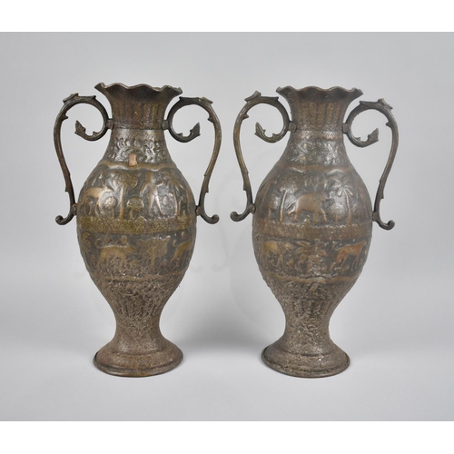 48 - A Pair of Indian Bronze Two Handled Vases with Relief Decoration Depicting Figures and Animals, Wavy... 