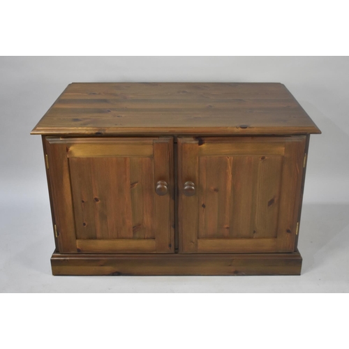 489 - A Modern Stained Pine Side Cabinet with Shelved Interior, 93cms Wide