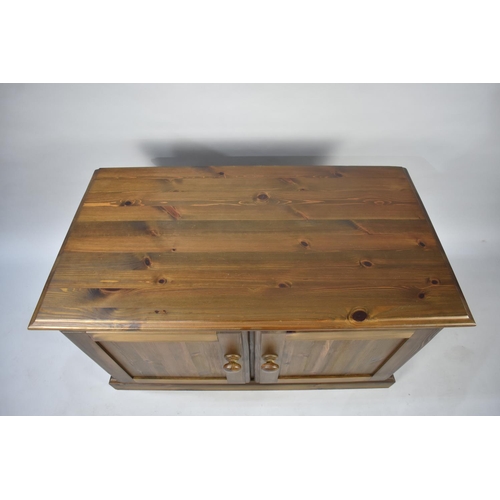 489 - A Modern Stained Pine Side Cabinet with Shelved Interior, 93cms Wide