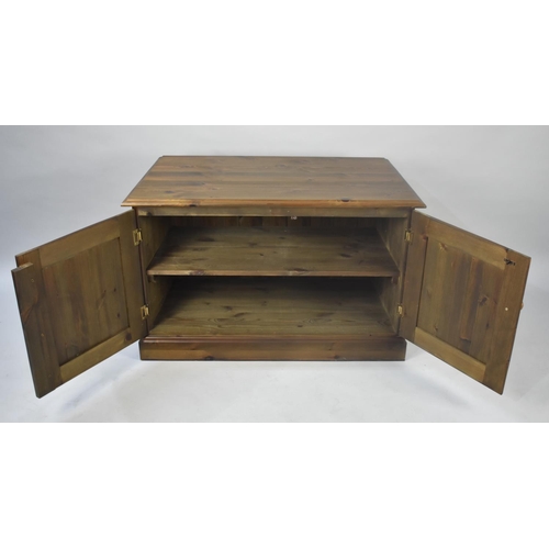 489 - A Modern Stained Pine Side Cabinet with Shelved Interior, 93cms Wide