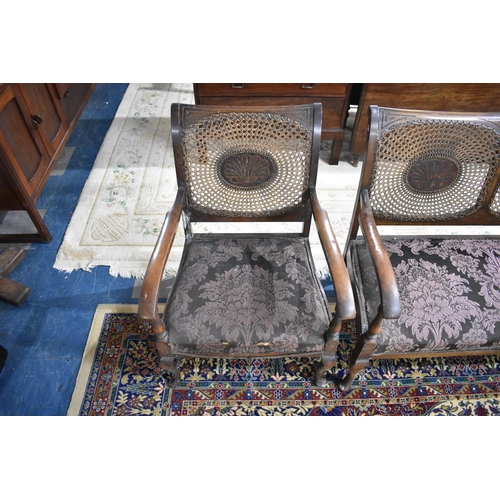 492 - A Mid 20th Century Bergere Style Three Piece Suite in Need of Re-Upholstery and Cane to One Chair AF