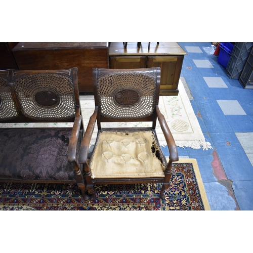 492 - A Mid 20th Century Bergere Style Three Piece Suite in Need of Re-Upholstery and Cane to One Chair AF