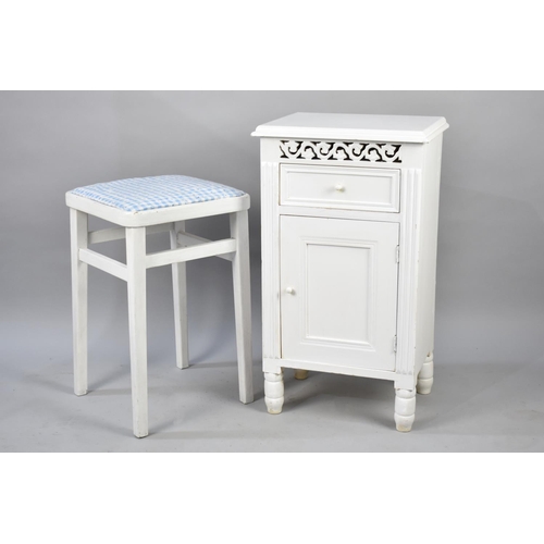 496 - A White Painted Bedside Cabinet with Top Drawer together with a Vintage Stool