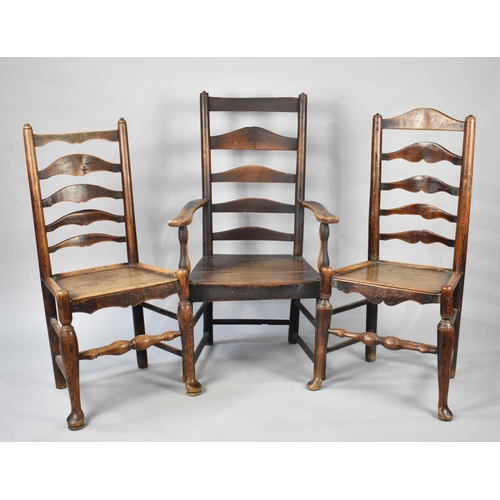 507 - A Collection of Three 19th Century Ladder Back Hall Side Chairs to include One Armchair, All with Co... 