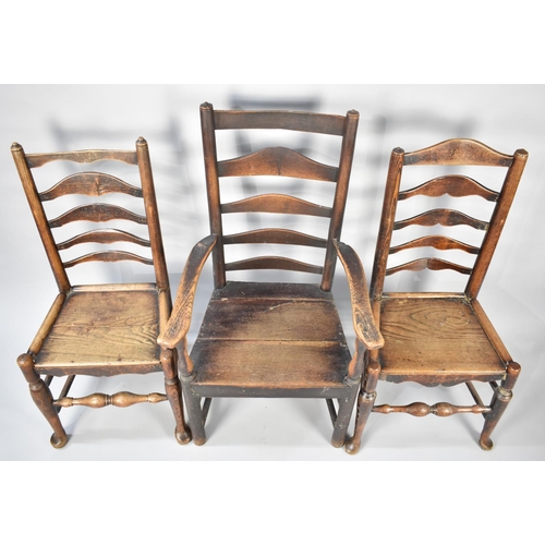 507 - A Collection of Three 19th Century Ladder Back Hall Side Chairs to include One Armchair, All with Co... 