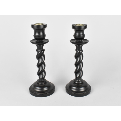 82 - A Pair of Edwardian Ebony Barley Twist Dressing Table Candlesticks, 20cms High